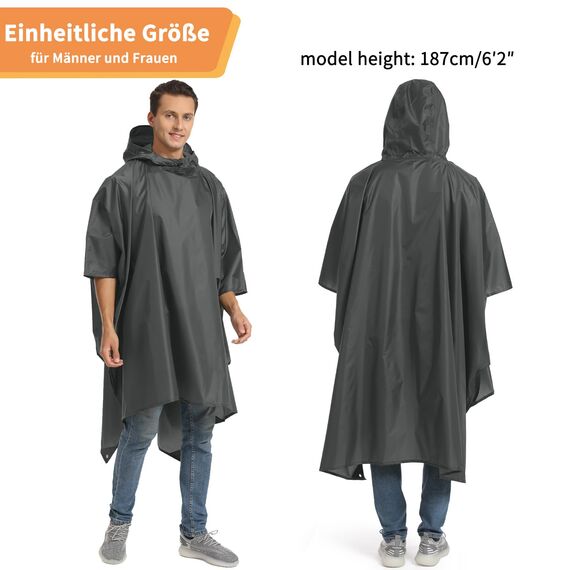 Opret Wasserdicht Regenponcho Damen Herren, Leicht Atmungsaktiv Regencape 3-in-1-Multifunktional Regenmantel Regenschutz Regen Poncho für Wandern und Camping-Grau