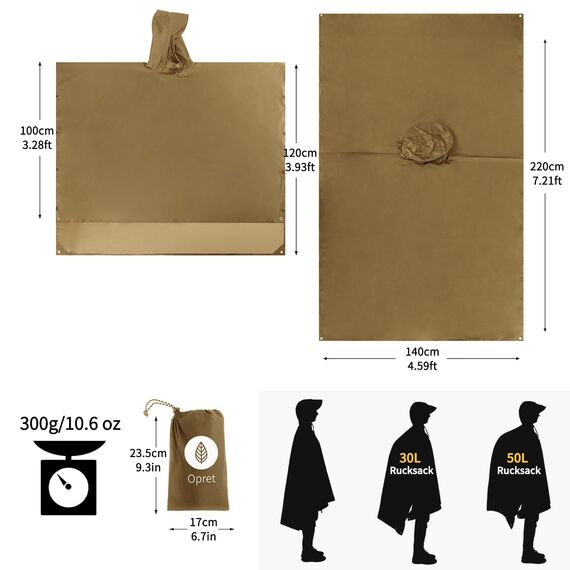 Opret Wasserdicht Regenponcho Damen Herren, Leicht Atmungsaktiv Regencape 3-in-1-Multifunktional Regenmantel Regenschutz Regen Poncho für Wandern und Camping-Khaki