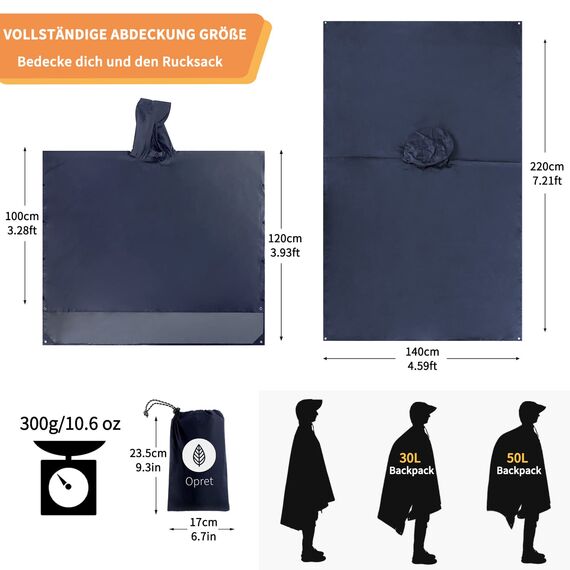 Opret Wasserdicht Regenponcho Damen Herren, Leicht Atmungsaktiv Regencape 3-in-1-Multifunktional Regenmantel Regenschutz Regen Poncho für Wandern und Camping-Navyblau