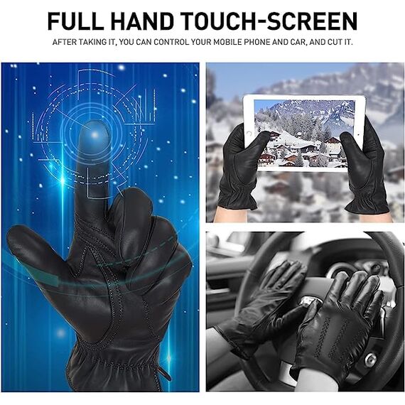 BISON DENIM Herren Thermo Winterhandschuhe Echtleder Handschuhe Touchscreen Lederhandschuhe Warme mit Fleece gefütterte Handschuhe Winddicht Wasserdicht