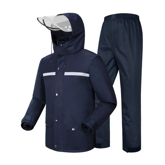Coutyuyi Herren & Damen Regenanzug Reflektierender 100% Wasserdichter Anzug Outdoor Regenmantel Winddicht Regenjacke （L, Navy Blau）