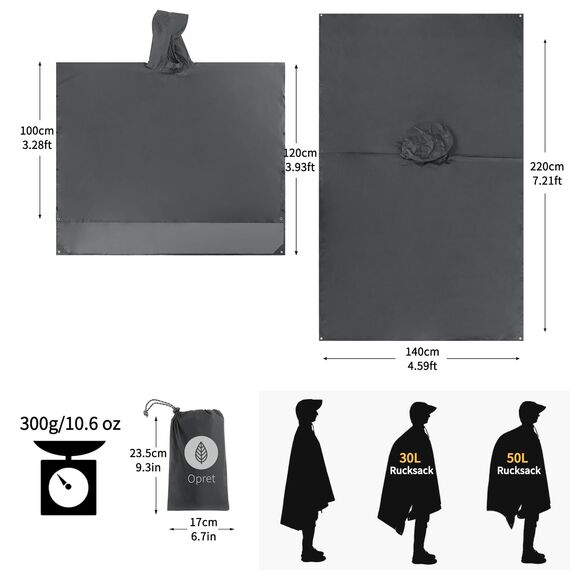 Opret Wasserdicht Regenponcho Damen Herren, Leicht Atmungsaktiv Regencape 3-in-1-Multifunktional Regenmantel Regenschutz Regen Poncho für Wandern und Camping-Grau
