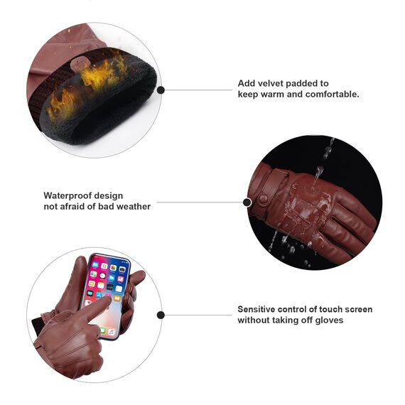 BISON DENIM Herren Thermo Winterhandschuhe Echtleder Handschuhe Touchscreen Lederhandschuhe Warme mit Fleece gefütterte Handschuhe Winddicht Wasserdicht