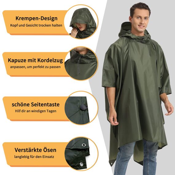 Opret Wasserdicht Regenponcho Damen Herren, Leicht Atmungsaktiv Regencape 3-in-1-Multifunktional Regenmantel Regenschutz Regen Poncho für Wandern und Camping