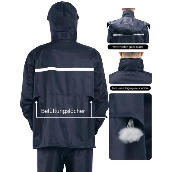 Coutyuyi Herren & Damen Regenanzug Reflektierender 100% Wasserdichter Anzug Outdoor Regenmantel Winddicht Regenjacke （XL, Navy Blau）
