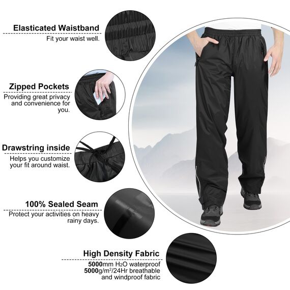 33,000ft wasserdichte Regenhose für Herren Leichte Regenhose Winddichte Outdoorhose zum Wandern Camping Golf Schwarz M 32L