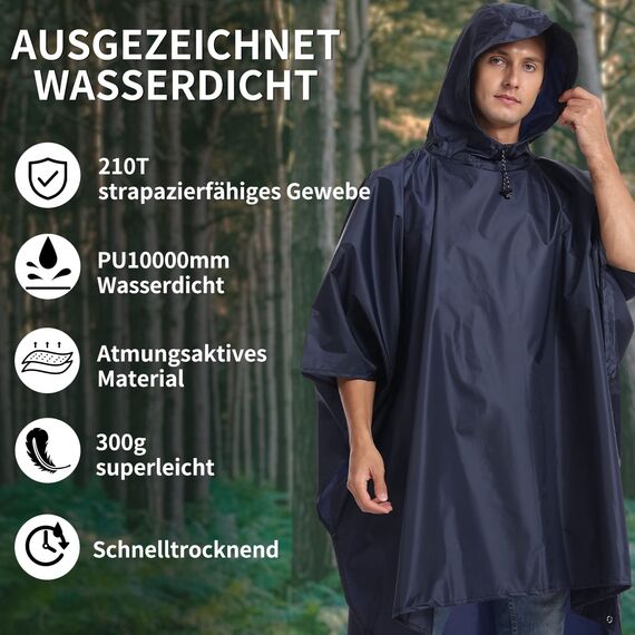 Opret Wasserdicht Regenponcho Damen Herren, Leicht Atmungsaktiv Regencape 3-in-1-Multifunktional Regenmantel Regenschutz Regen Poncho für Wandern und Camping-Navyblau