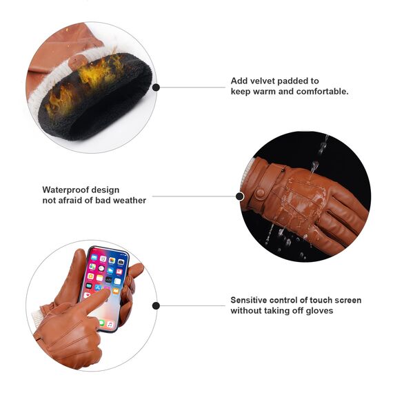 BISON DENIM Herren Thermo Winterhandschuhe Echtleder Handschuhe Touchscreen Lederhandschuhe Warme mit Fleece gefütterte Handschuhe Winddicht Wasserdicht