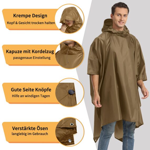 Opret Wasserdicht Regenponcho Damen Herren, Leicht Atmungsaktiv Regencape 3-in-1-Multifunktional Regenmantel Regenschutz Regen Poncho für Wandern und Camping-Khaki