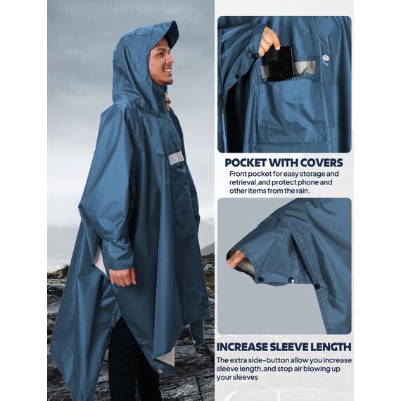 ANYOO Leichter Wasserdichter Regenponcho Regenjacken mit Ärmeln Belüftet Mehrzweck Regenmantel mit Kapuze Schutzdecke Unterschlupf Plane für im Freien Camping Wandern Angeln, Stahlblau,Einheitsgröße