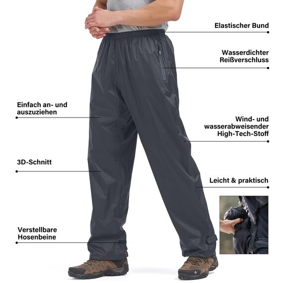 Asfixiado Regenhose Herren Fahrrad Leichte wasserdichte Winddichte Outdoorhose zum Wandern Camping Trekkinghose Motorrad Regenhose(Grau L)