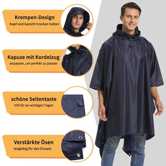 Opret Wasserdicht Regenponcho Damen Herren, Leicht Atmungsaktiv Regencape 3-in-1-Multifunktional Regenmantel Regenschutz Regen Poncho für Wandern und Camping-Navyblau