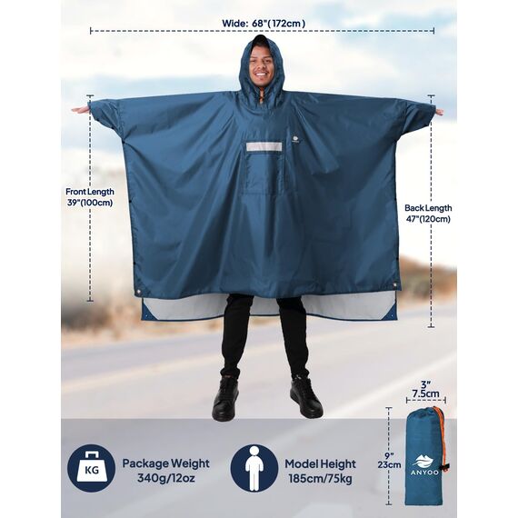 ANYOO Leichter Wasserdichter Regenponcho Regenjacken mit Ärmeln Belüftet Mehrzweck Regenmantel mit Kapuze Schutzdecke Unterschlupf Plane für im Freien Camping Wandern Angeln, Stahlblau,Einheitsgröße
