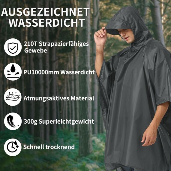 Opret Wasserdicht Regenponcho Damen Herren, Leicht Atmungsaktiv Regencape 3-in-1-Multifunktional Regenmantel Regenschutz Regen Poncho für Wandern und Camping-Grau