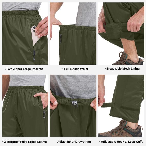 Asfixiado Regenhose Herren Fahrrad Leichte wasserdichte Winddichte Outdoorhose zum Wandern Camping Trekkinghose Motorrad Regenhose(1088 Army green 2XL)