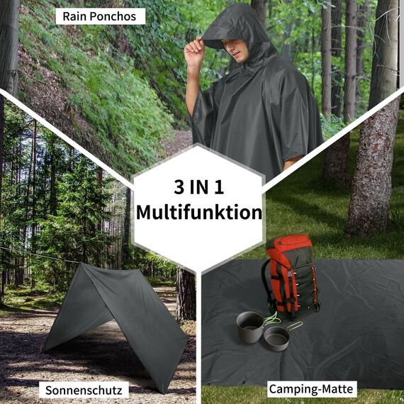 Opret Wasserdicht Regenponcho Damen Herren, Leicht Atmungsaktiv Regencape 3-in-1-Multifunktional Regenmantel Regenschutz Regen Poncho für Wandern und Camping-Grau