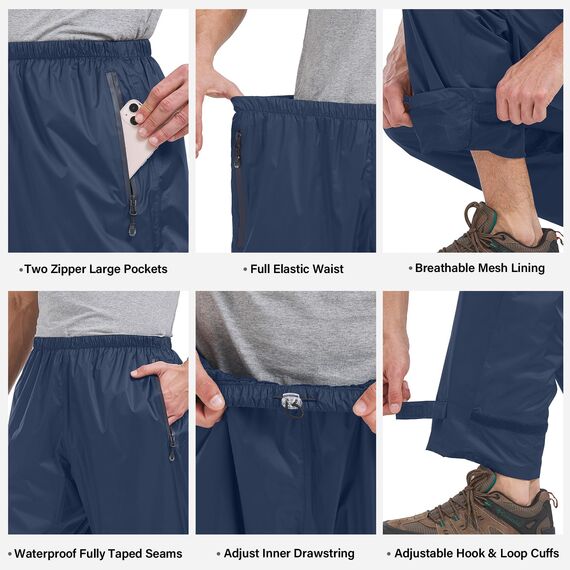 Asfixiado Regenhose Herren Fahrrad Leichte wasserdichte Winddichte Outdoorhose zum Wandern Camping Trekkinghose Motorrad Regenhose(Blau L)