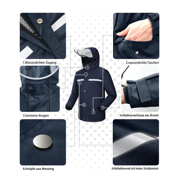 Coutyuyi Herren & Damen Regenanzug Reflektierender 100% Wasserdichter Anzug Outdoor Regenmantel Winddicht Regenjacke （XL, Navy Blau）