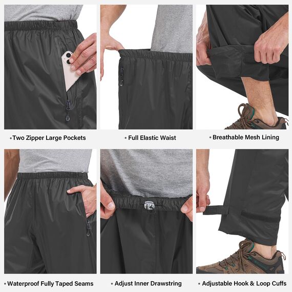 Asfixiado Regenhose Herren Fahrrad Leichte wasserdichte Winddichte Outdoorhose zum Wandern Camping Trekkinghose Motorrad Regenhose(1088 Schwarz 2XL)