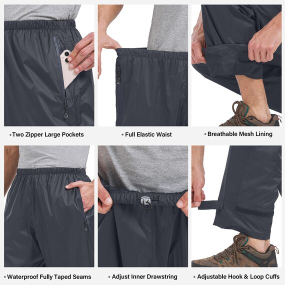 Asfixiado Regenhose Herren Fahrrad Leichte wasserdichte Winddichte Outdoorhose zum Wandern Camping Trekkinghose Motorrad Regenhose(1088 Grau S)