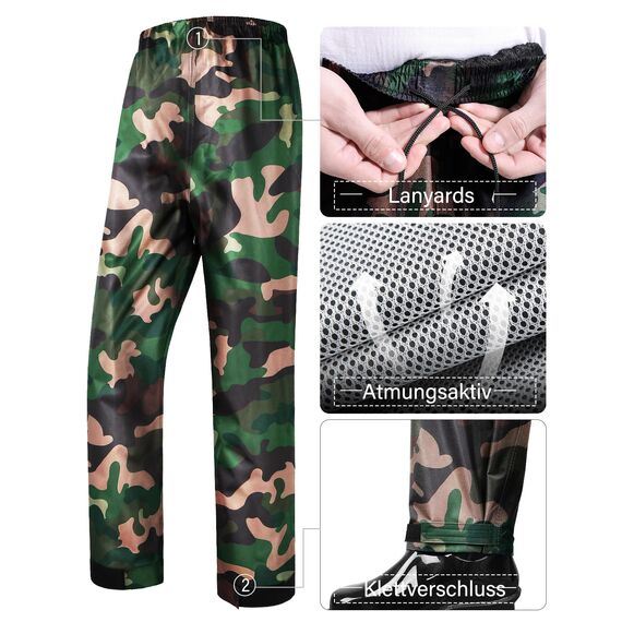 Coutyuyi Herren & Damen Regenanzug Reflektierender 100% Wasserdichter Anzug Outdoor Regenmantel Winddicht Regenjacke （XXL, Dunkelgrün Camouflage）