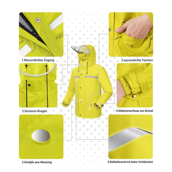 Coutyuyi Herren & Damen Regenanzug Reflektierender 100% Wasserdichter Anzug Outdoor Regenmantel Winddicht Regenjacke （M, Gelb）