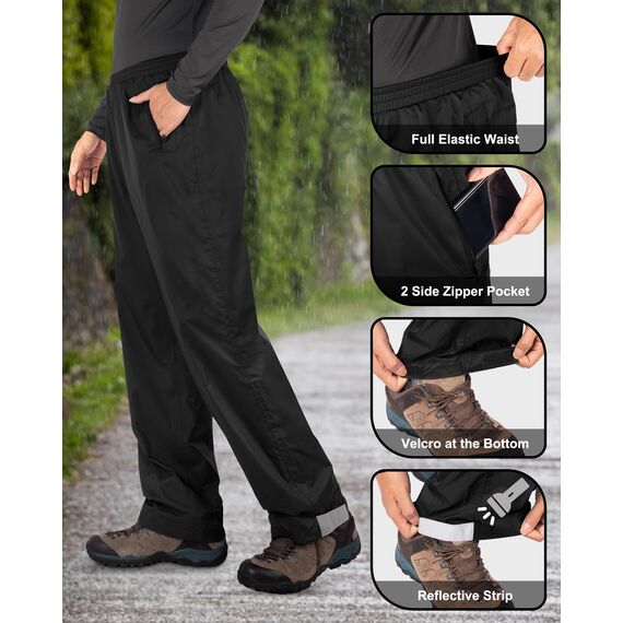 33,000ft Packbare Regenhose Herren Wasserdicht Leichte Fahrrad Überziehhose Winddicht Reflektierende Wanderhose zum Golf Outdoor Angeln Schwarz L 30 Inch