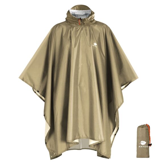 ANYOO Leichter Wasserdichter Regenponcho Wiederverwendbar Atmungsaktiver Regenschutz, Unisex Ripstop Regenmantel mit Kapuze Faltbare für im Freien Camping Wandern Angeln, Khaki, Einheitsgröße