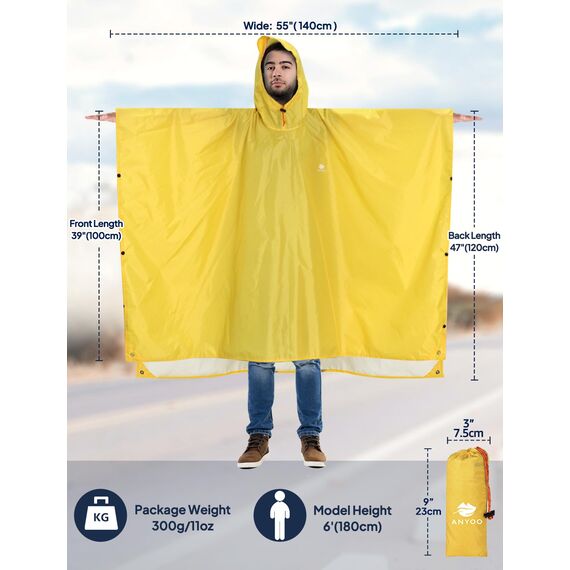 ANYOO Leichter Regenponcho Wasserdichter Regenjacken Ripstop Atmungsaktiver Mehrzweck Regenmantel mit Kapuze Faltbare Schutzdecke Unterschlupf für im Freien Camping Wandern, Gelb, Einheitsgröße