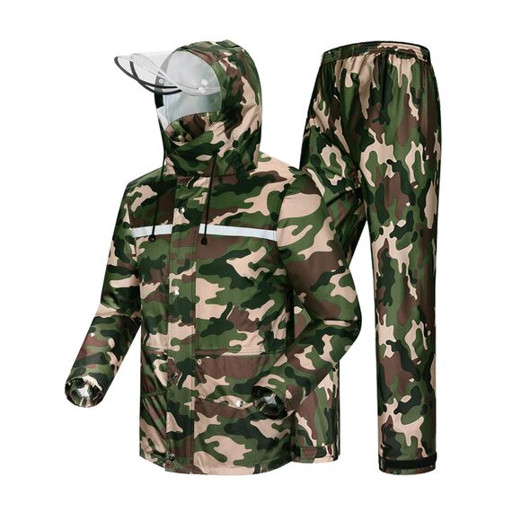 Coutyuyi Herren & Damen Regenanzug Reflektierender 100% Wasserdichter Anzug Outdoor Regenmantel Winddicht Regenjacke （L, Dunkelgrün Camouflage）