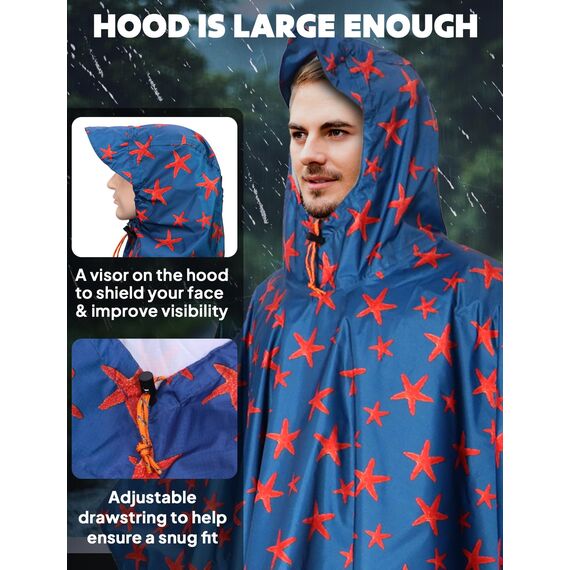 ANYOO Leichter Wasserdichter Regenponcho Herren und Damen Regenjacken Ripstop Atmungsaktiver Mehrzweck Regenmantel mit Kapuze für Outdoor Wandern Camping Angeln, Seestern, Einheitsgröße