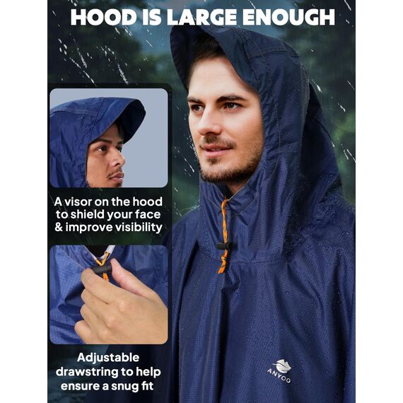ANYOO Leichter Wasserdichter Regenponcho Wiederverwendbar Atmungsaktiver Regenschutz, Unisex Ripstop Regenmantel mit Kapuze Faltbare für im Freien Camping Wandern Angeln, Marine, Einheitsgröße