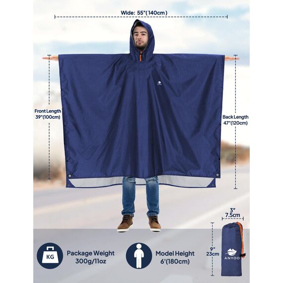ANYOO Leichter Wasserdichter Regenponcho Wiederverwendbar Atmungsaktiver Regenschutz, Unisex Ripstop Regenmantel mit Kapuze Faltbare für im Freien Camping Wandern Angeln, Marine, Einheitsgröße