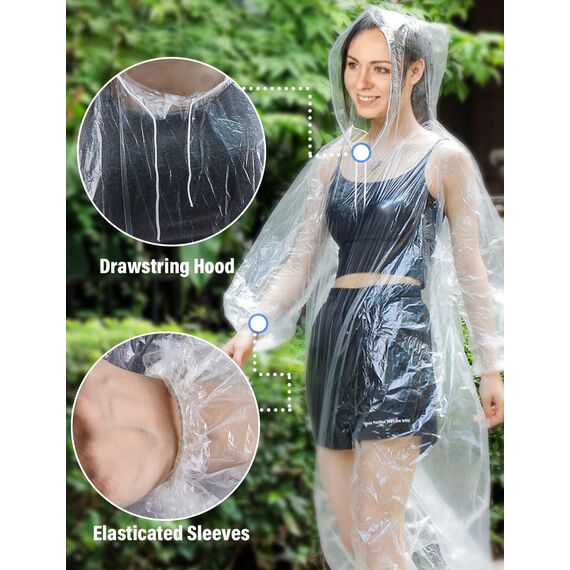 Henrycares 6 Stück Einweg Regenponcho Damen Herren, Durchsichtig Regencape Regenschutz mit Tunnelzug Kapuze und Elastische Manschette,Wasserdicht