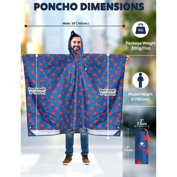 ANYOO Leichter Wasserdichter Regenponcho Herren und Damen Regenjacken Ripstop Atmungsaktiver Mehrzweck Regenmantel mit Kapuze für Outdoor Wandern Camping Angeln, Seestern, Einheitsgröße
