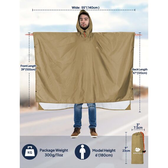 ANYOO Leichter Wasserdichter Regenponcho Wiederverwendbar Atmungsaktiver Regenschutz, Unisex Ripstop Regenmantel mit Kapuze Faltbare für im Freien Camping Wandern Angeln, Khaki, Einheitsgröße
