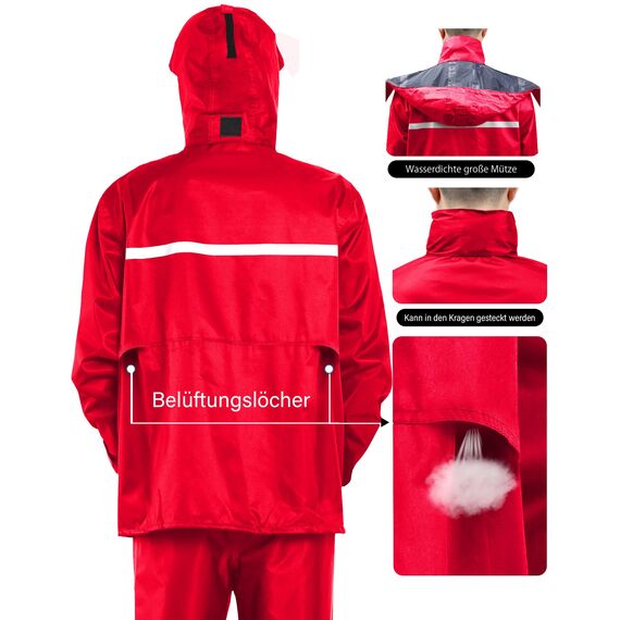 Coutyuyi Herren & Damen Regenanzug Reflektierender 100% Wasserdichter Anzug Outdoor Regenmantel Winddicht Regenjacke （M, Rot）