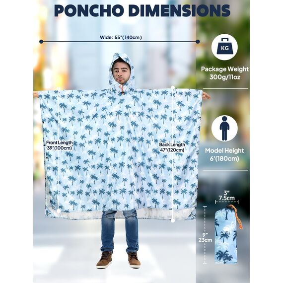 ANYOO Leichter Wasserdichter Regenponcho Herren und Damen Regenjacken Ripstop Atmungsaktiver Mehrzweck Regenmantel mit Kapuze für Outdoor Wandern Camping Angeln, Kokosbäume, Einheitsgröße