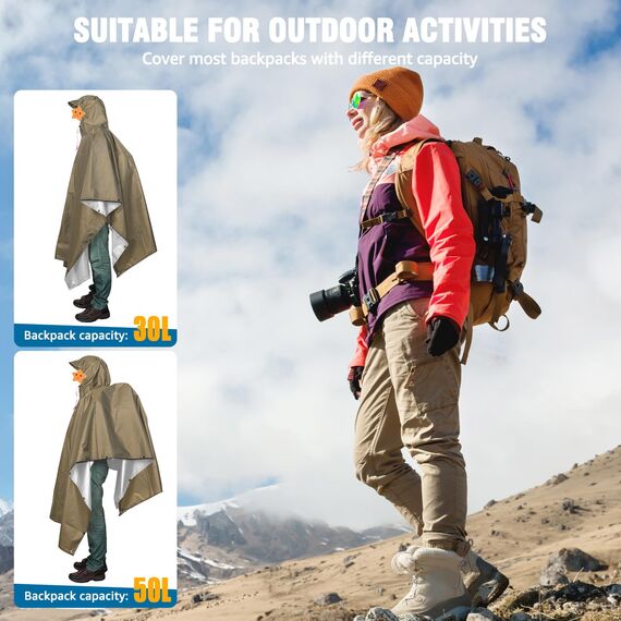 ANYOO Leichter Wasserdichter Regenponcho Wiederverwendbar Atmungsaktiver Regenschutz, Unisex Ripstop Regenmantel mit Kapuze Faltbare für im Freien Camping Wandern Angeln, Khaki, Einheitsgröße