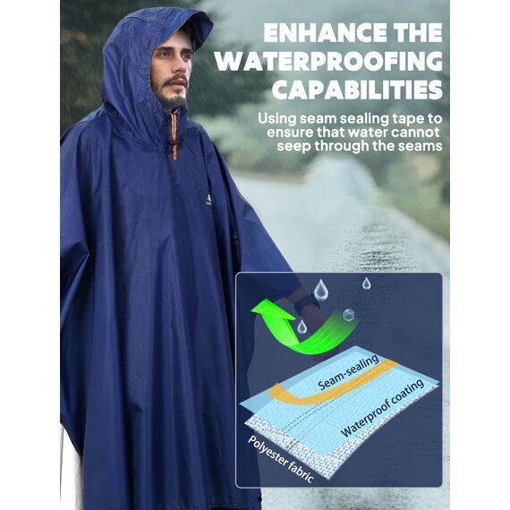 ANYOO Leichter Wasserdichter Regenponcho Wiederverwendbar Atmungsaktiver Regenschutz, Unisex Ripstop Regenmantel mit Kapuze Faltbare für im Freien Camping Wandern Angeln, Marine, Einheitsgröße