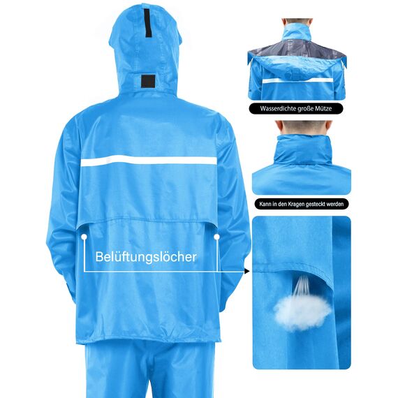 Coutyuyi Herren & Damen Regenanzug Reflektierender 100% Wasserdichter Anzug Outdoor Regenmantel Winddicht Regenjacke （L, Blau）