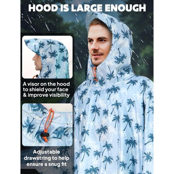 ANYOO Leichter Wasserdichter Regenponcho Herren und Damen Regenjacken Ripstop Atmungsaktiver Mehrzweck Regenmantel mit Kapuze für Outdoor Wandern Camping Angeln, Kokosbäume, Einheitsgröße