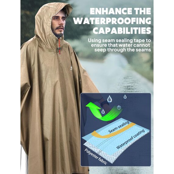 ANYOO Leichter Wasserdichter Regenponcho Wiederverwendbar Atmungsaktiver Regenschutz, Unisex Ripstop Regenmantel mit Kapuze Faltbare für im Freien Camping Wandern Angeln, Khaki, Einheitsgröße