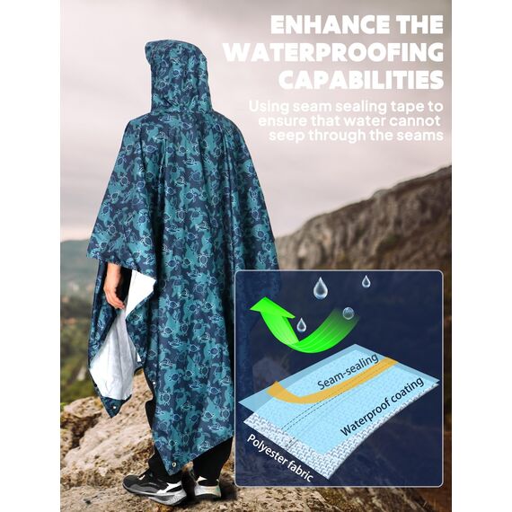 ANYOO Leichter Wasserdichter Regenponcho Herren und Damen Regenjacken Ripstop Atmungsaktiver Mehrzweck Regenmantel mit Kapuze für Outdoor Wandern Camping Angeln, Schildkröten, Einheitsgröße