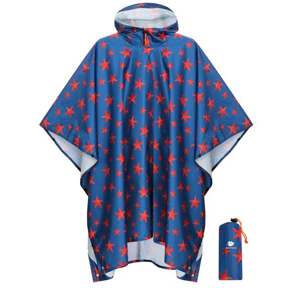ANYOO Leichter Wasserdichter Regenponcho Herren und Damen Regenjacken Ripstop Atmungsaktiver Mehrzweck Regenmantel mit Kapuze für Outdoor Wandern Camping Angeln, Seestern, Einheitsgröße
