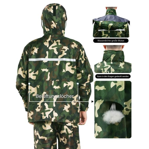 Coutyuyi Herren & Damen Regenanzug Reflektierender 100% Wasserdichter Anzug Outdoor Regenmantel Winddicht Regenjacke （L, Dunkelgrün Camouflage）