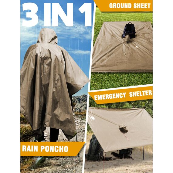 ANYOO Leichter Wasserdichter Regenponcho Wiederverwendbar Atmungsaktiver Regenschutz, Unisex Ripstop Regenmantel mit Kapuze Faltbare für im Freien Camping Wandern Angeln, Khaki, Einheitsgröße
