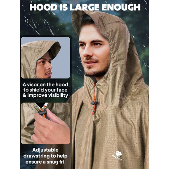 ANYOO Leichter Wasserdichter Regenponcho Wiederverwendbar Atmungsaktiver Regenschutz, Unisex Ripstop Regenmantel mit Kapuze Faltbare für im Freien Camping Wandern Angeln, Khaki, Einheitsgröße
