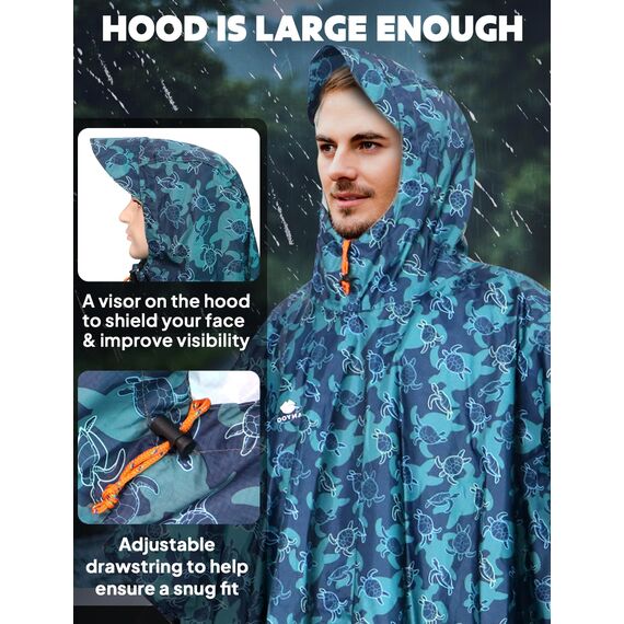 ANYOO Leichter Wasserdichter Regenponcho Herren und Damen Regenjacken Ripstop Atmungsaktiver Mehrzweck Regenmantel mit Kapuze für Outdoor Wandern Camping Angeln, Schildkröten, Einheitsgröße