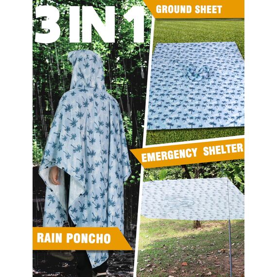 ANYOO Leichter Wasserdichter Regenponcho Herren und Damen Regenjacken Ripstop Atmungsaktiver Mehrzweck Regenmantel mit Kapuze für Outdoor Wandern Camping Angeln, Kokosbäume, Einheitsgröße